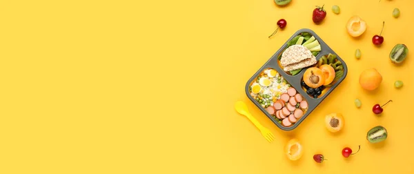 School Lunch Box Tasty Food Color Background Space Text — Fotografia de Stock