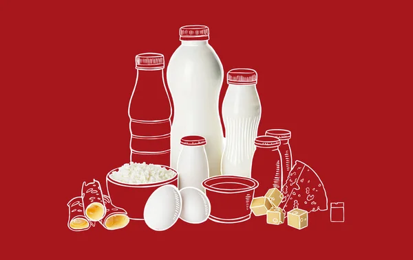 Different Dairy Products Red Background — Stock Photo, Image