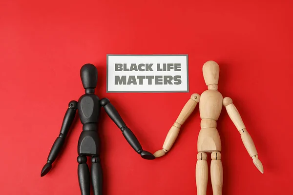 Wooden Mannequins Paper Sheet Text Black Life Matters Color Background — 스톡 사진