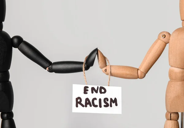Wooden Mannequins Paper Sheet Text End Racism Grey Background — 스톡 사진