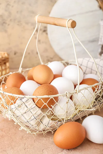 Basket Chicken Eggs Beige Table Closeup — Stock Photo, Image