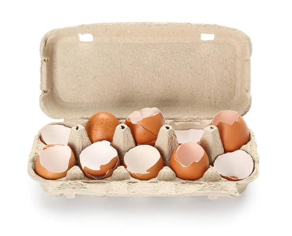 Cardboard Holder Broken Egg Shells White Background — Fotografia de Stock