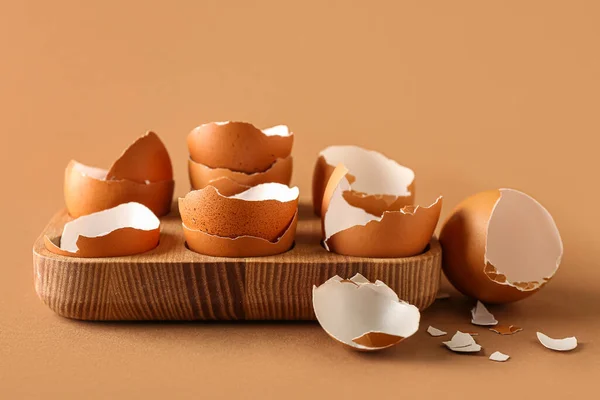 Wooden Holder Egg Shells Color Background — Photo