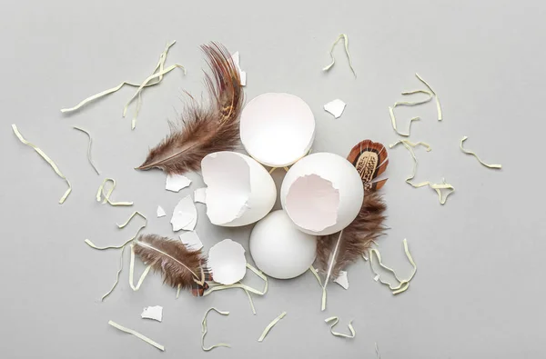 Composition Broken Egg Shells Feathers Light Background — Photo