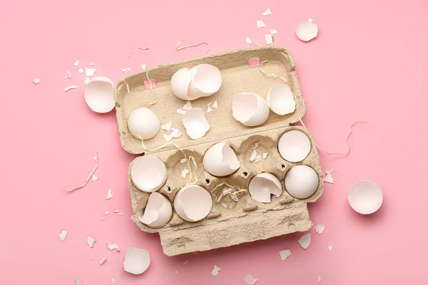 Cardboard Holder Broken Egg Shells Pink Background — Stock Photo, Image