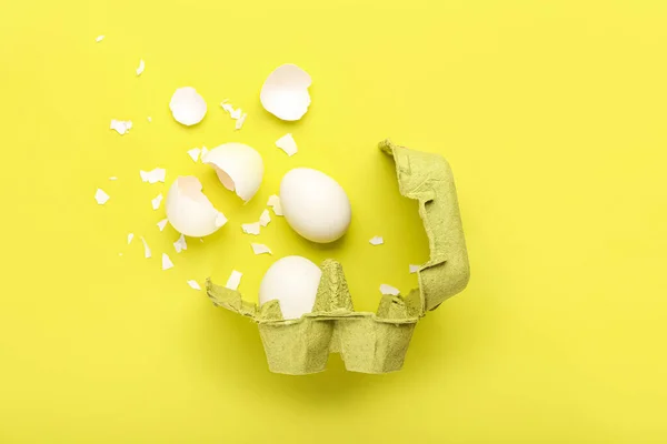 Composition Cardboard Holder Egg Shells Color Background — Photo