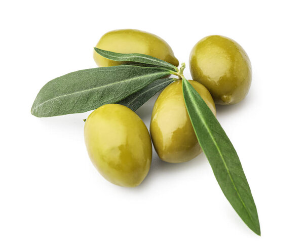 Tasty canned green olives isolated on white