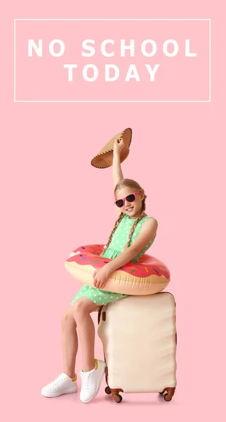 Text School Today Happy Little Girl Packed Suitcase Pink Background — Fotografia de Stock