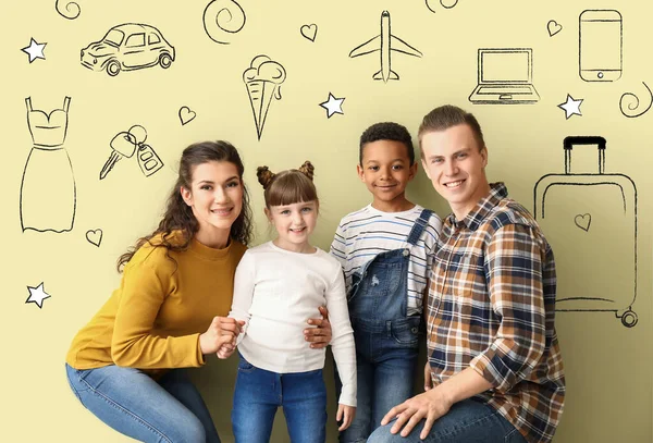 Happy Young Family Dreaming Future Color Background — Stock Photo, Image