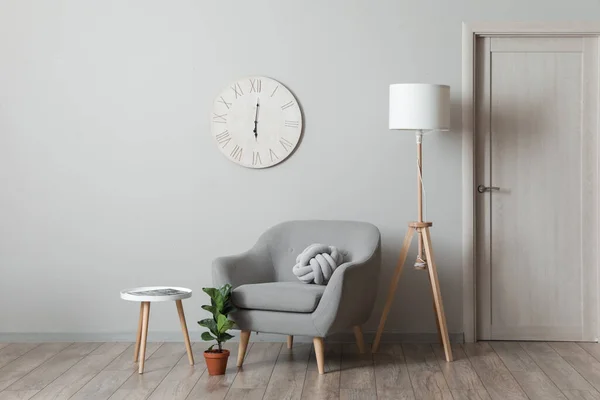 Comfortable Armchair Lamp Table Houseplant Light Wall Room —  Fotos de Stock