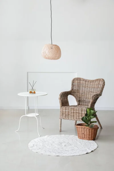 Comfortable Armchair Table Houseplant Light Wall Room — Photo