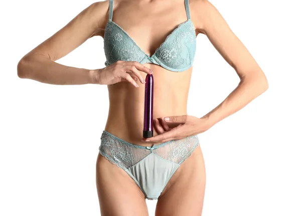 Sexy Young Woman Vibrator White Background — 图库照片