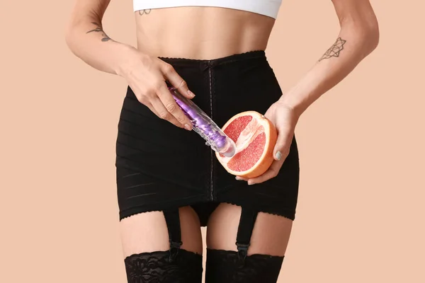 Sexy Young Woman Vibrator Fresh Grapefruit Color Background Closeup — Stock Photo, Image