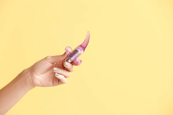 Female Hand Vibrating Bullet Sex Shop Color Background — Stock Photo, Image