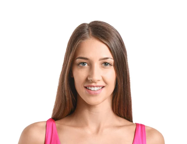 Jovem Mulher Bronzeada Sorrindo Fundo Branco — Fotografia de Stock