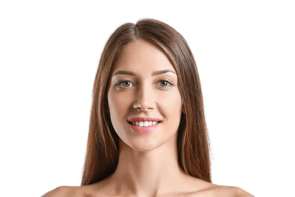 Young Tanned Woman White Background Closeup — Fotografia de Stock