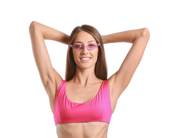 Young Tanned Woman Sunglasses White Background — Stock Photo, Image