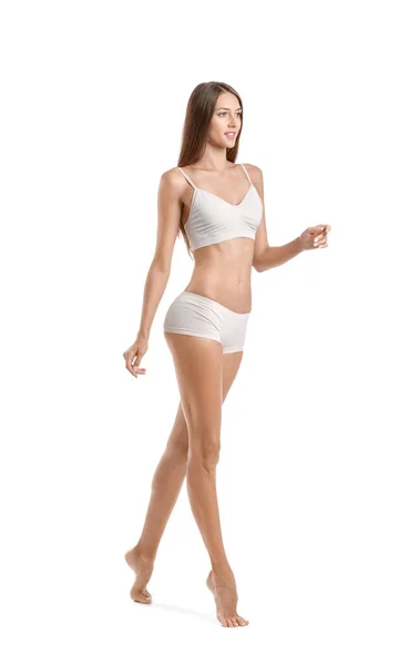 Young Tanned Woman Underwear White Background — Photo