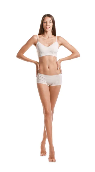 Young Tanned Woman Underwear White Background — Foto de Stock