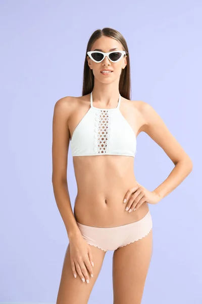 Young Tanned Woman Swimsuit Sunglasses Lilac Background — Foto Stock