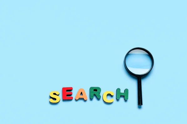 Word SEARCH and magnifying glass on light blue background