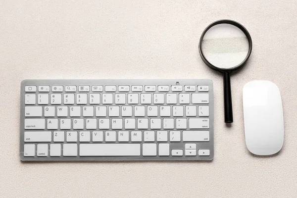 Keyboard Mouse Magnifier Light Background Concept Search — Stock Photo, Image