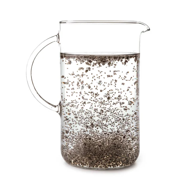 Glass Jug Water Chia Seeds White Background — Stockfoto