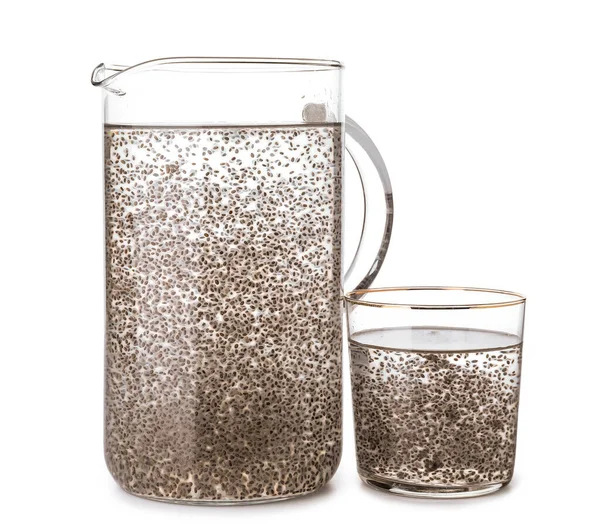 Jug Glass Water Chia Seeds White Background — Stock fotografie