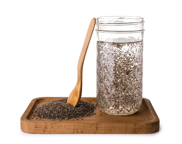 Wooden Board Glass Water Chia Seeds White Background — Photo