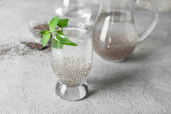 Glass Water Chia Seeds Fresh Mint Light Background — Stock Photo, Image