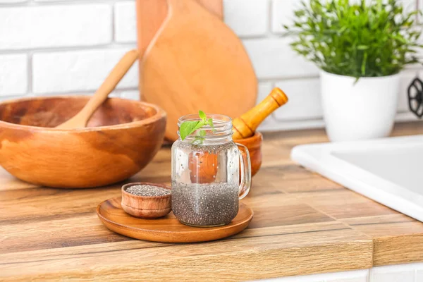 Glazen Pot Water Kom Met Chia Zaden Tafel Keuken — Stockfoto