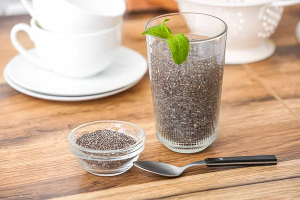 Glass Water Spoon Bowl Chia Seeds Table Kitchen — Stock Photo, Image