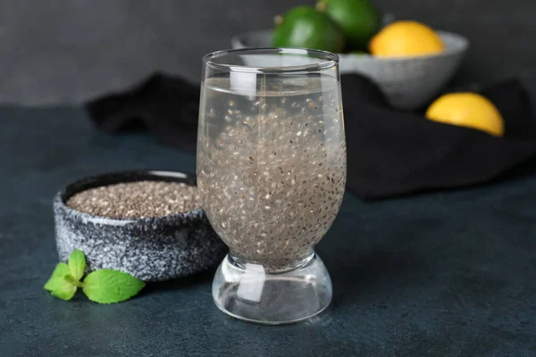 Glass Healthy Drink Bowl Chia Seeds Dark Table — Stock Photo, Image