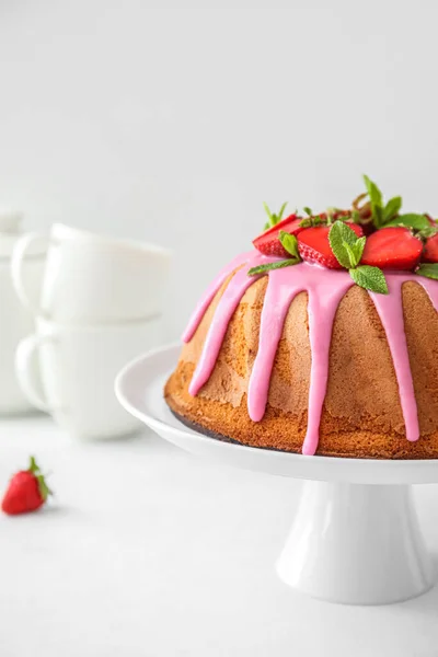 Dessert Stand Tasty Strawberry Cake Light Background — 图库照片
