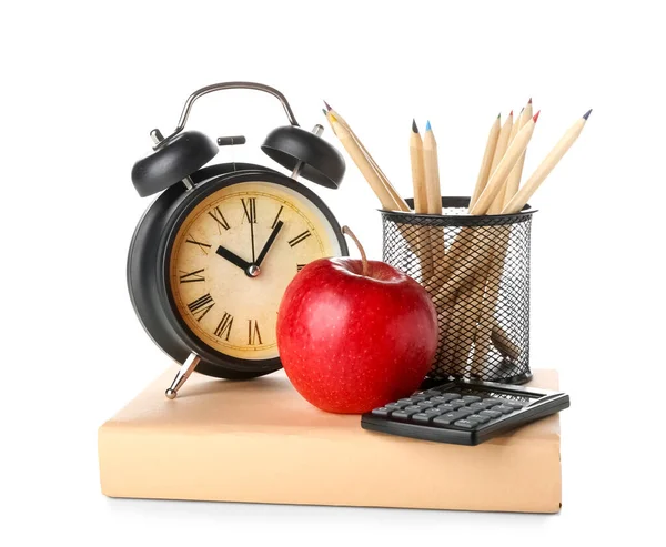 Book Apple Pencils Calculator Alarm Clock White Background — Stockfoto