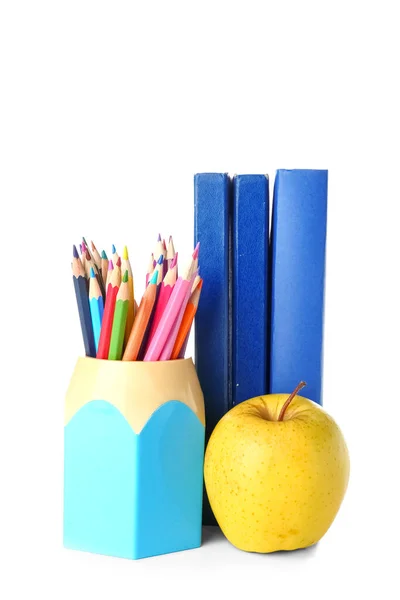 Holder Pencils Books Apple White Background — 스톡 사진