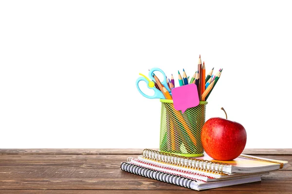 School Stationery Apple Wooden Table White Background — Stock Fotó