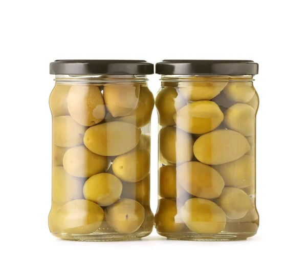 Jars Green Olives Isolated Green Background — Foto de Stock
