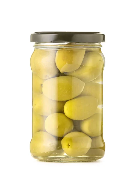 Jar Green Olives White Background — Stockfoto