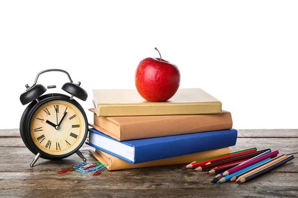 School Books Apple Stationery Alarm Clock Table White Background — Stockfoto