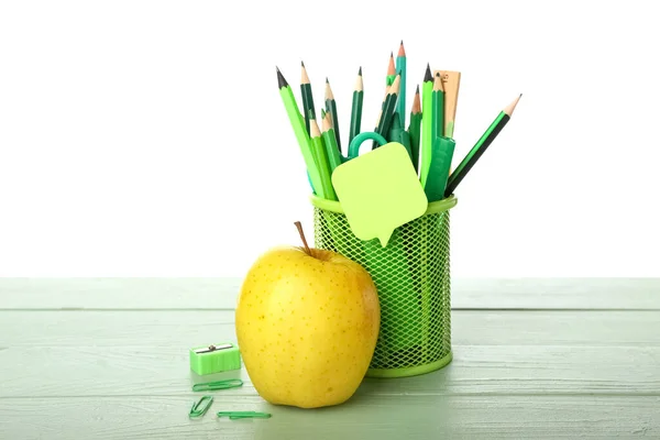 Holder School Stationery Apple Table White Background — 스톡 사진