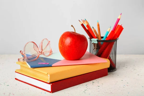 School Stationery Apple Eyeglasses Table Grey Background — Foto Stock