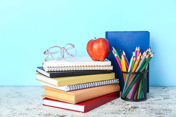 School Stationery Apple Eyeglasses Table Blue Background — Foto Stock