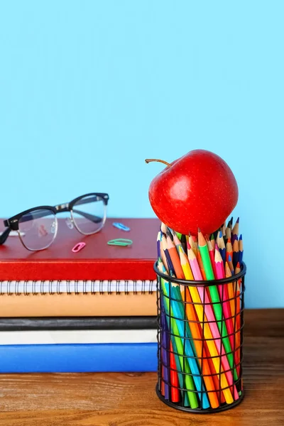 School Stationery Apple Eyeglasses Table Blue Background — 스톡 사진