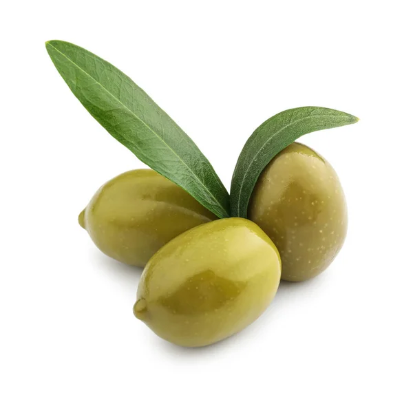 Tasty Canned Green Olives Isolated White — Foto Stock