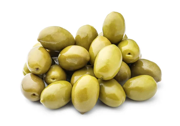 Tasty Canned Green Olives Isolated White — Stock Photo, Image