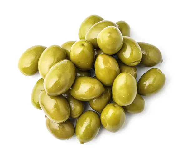 Вкусные Консервированные Зеленые Оливки Изолированные Белом — стоковое фото