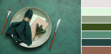 Yeşil arka planda basit ve güzel bir masa. Farklı renk desenleri