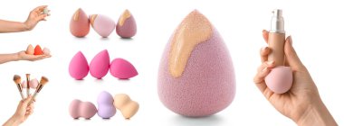 Farklı makyaj süngerleri, ton temeli ve beyaz arka planda fırçalar olan kadın elleri kolajı