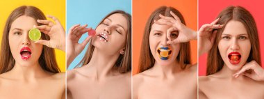 Renkli arka planda olağandışı makyajı olan bir grup güzel genç kadın.